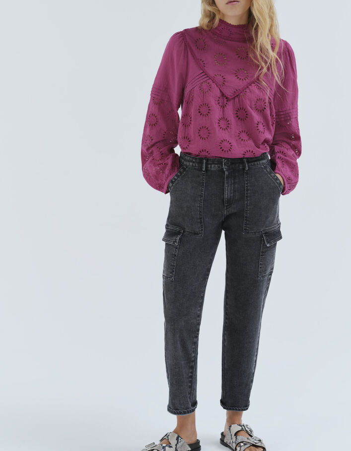 Blusa violeta algodón ecológico bordado flor mujer - IKKS
