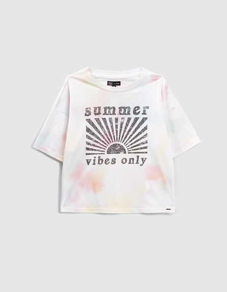 Cremeweißes Mädchen-T-Shirt, Tie-and-Dye, Sonnenmotiv