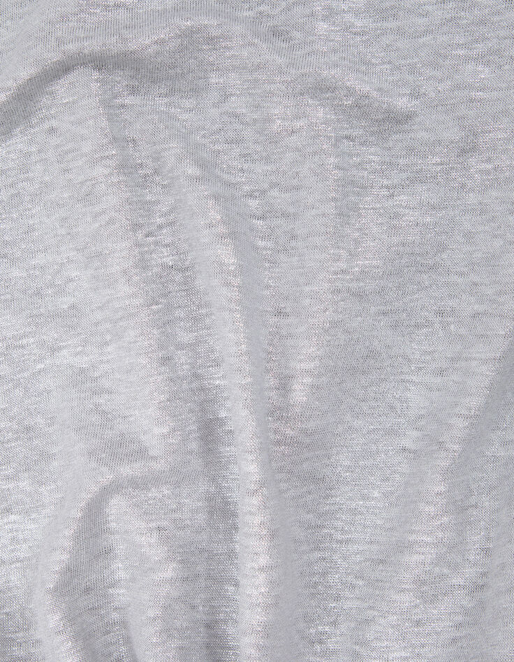 Grau meliertes Damen-T-Shirt aus Leinen mit Rundhalsausschnitt und Perle-3