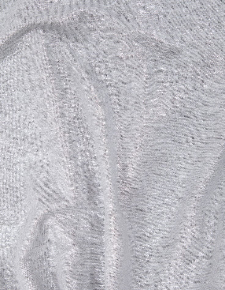 Grau meliertes Damen-T-Shirt aus Leinen mit Rundhalsausschnitt und Perle-3 Grau meliertes Damen-T-Shirt aus Leinen mit Rundhalsausschnitt und Perle-3