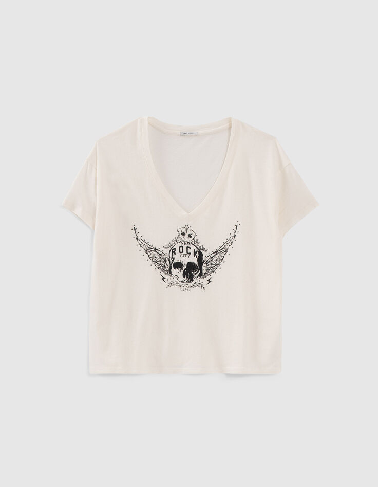 Tee-shirt blanc cassé visuel tête de mort ailée Femme-3
