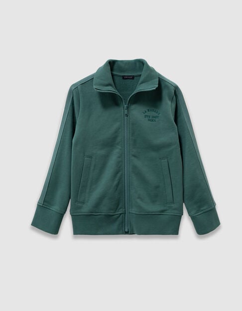 Boys’ green zipped cardigan with striped braid on sleeves - IKKS