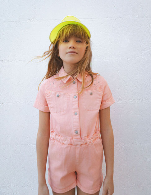 Girls' peach denim playsuit with embroidery & studs - IKKS