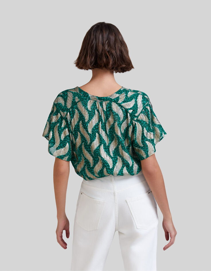 Smaragdgroene top goudkleurige bladprint Dames-3