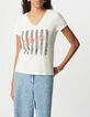 Camiseta blanca de mujer de algod&oacute;n org&aacute;nico con mensaje y rayas BLONDIE-5