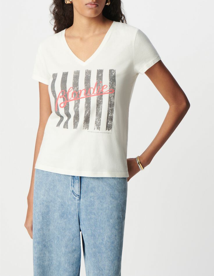 Camiseta blanca de mujer de algod&oacute;n org&aacute;nico con mensaje y rayas BLONDIE-5