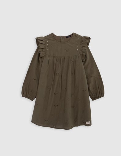 Kaki jurk, anglaise borduursel, legermotieven, meisje - IKKS