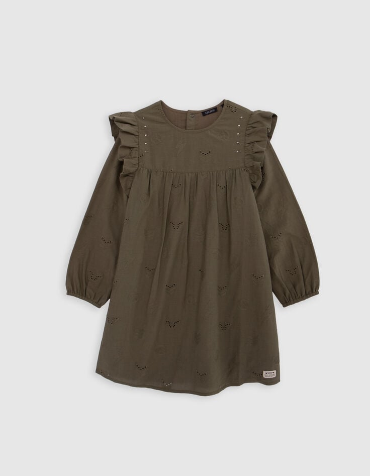 Kaki jurk, anglaise borduursel, legermotieven, meisje-1 Kaki jurk, anglaise borduursel, legermotieven, meisje-1