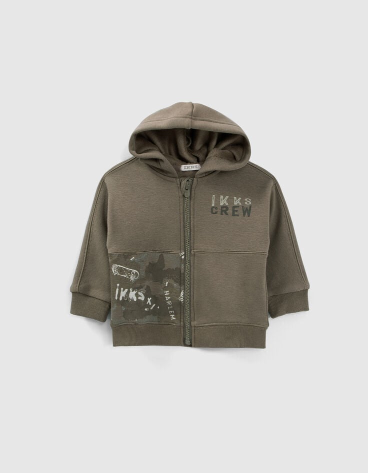 Baby boys’ khaki cardigan with XL print on back-1