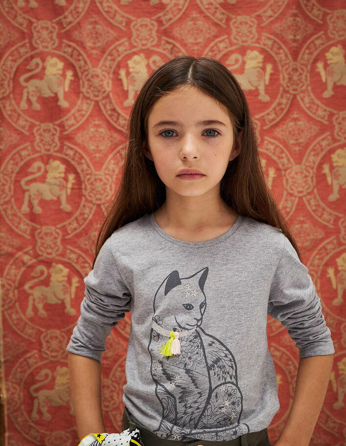 Donkergrijs gechineerd T-shirt kat meisjes - IKKS