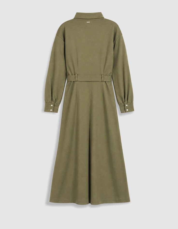 Women's Khaki Knit Shirt Dress with Belt-7
