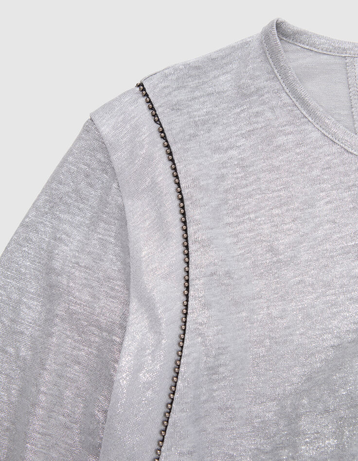 Grau meliertes Damen-T-Shirt aus Leinen mit Rundhalsausschnitt und Perle-2 Grau meliertes Damen-T-Shirt aus Leinen mit Rundhalsausschnitt und Perle-2