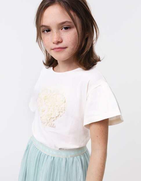 Ecru Mädchen-T-Shirt, Biobaumwolle, Reliefherz - IKKS