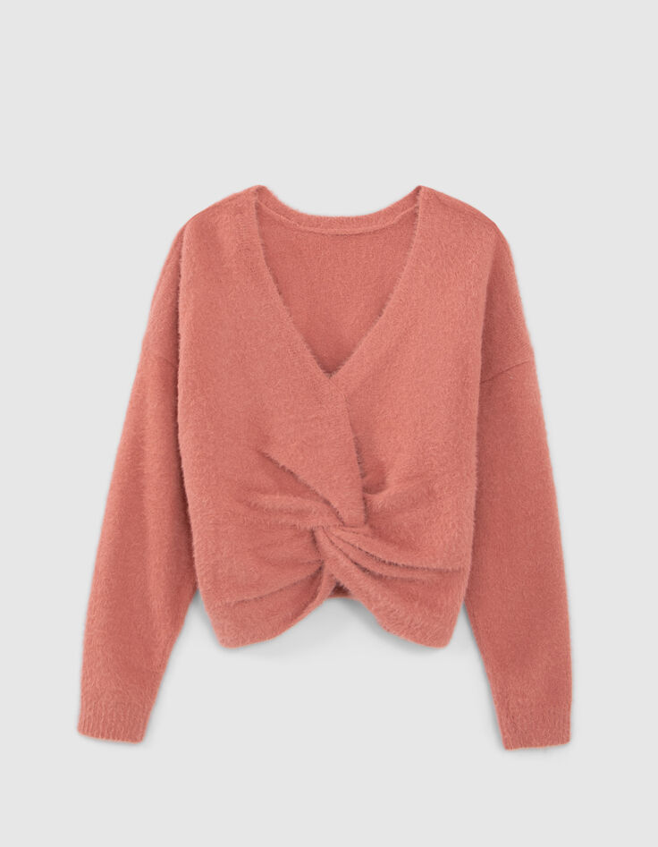 Pull terracotta tricot r&eacute;versible devant dos fille-2