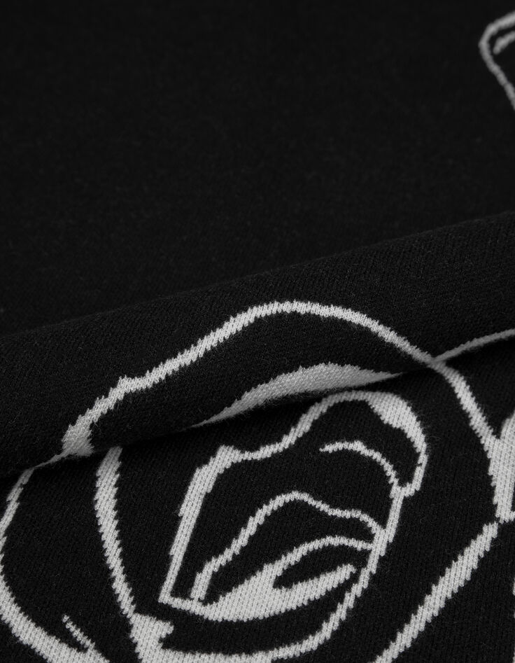 Pull col montant noir tricot jacquard motif roses femme-3