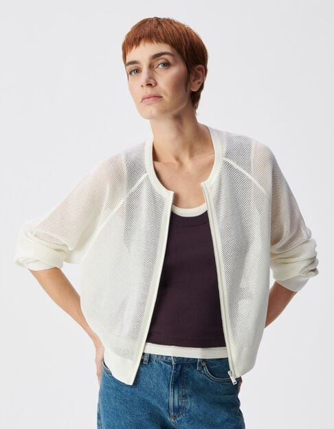 Cardigan zipp&eacute; blanc tricot ajour&eacute; Femme - IKKS