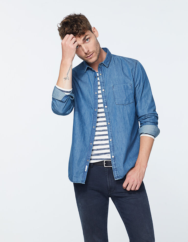 Chemise en jean REGULAR indigo à boutons pressions Homme-3