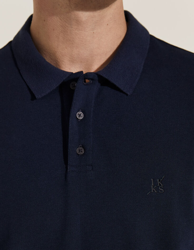 Men&rsquo;s navy mixed fabric polo shirt with jersey back-4