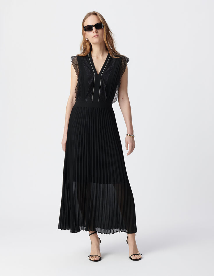 Robe longue noire plissée volants dentelle Femme-1
