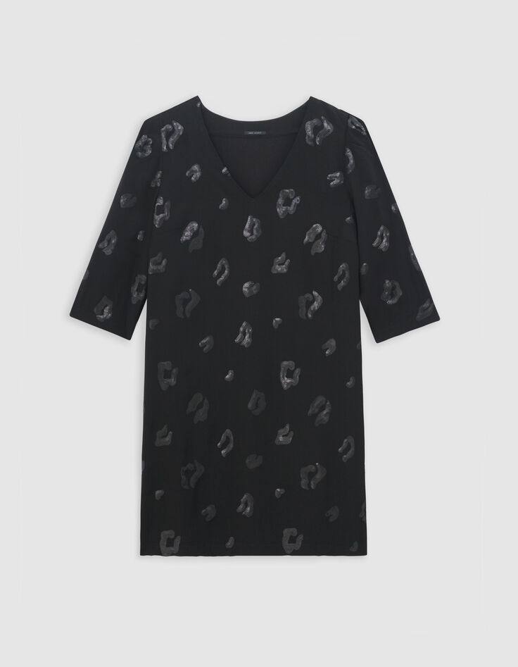 Vestido cruzado negro con estampado de leopardo y lentejuelas bordadas para mujer-5