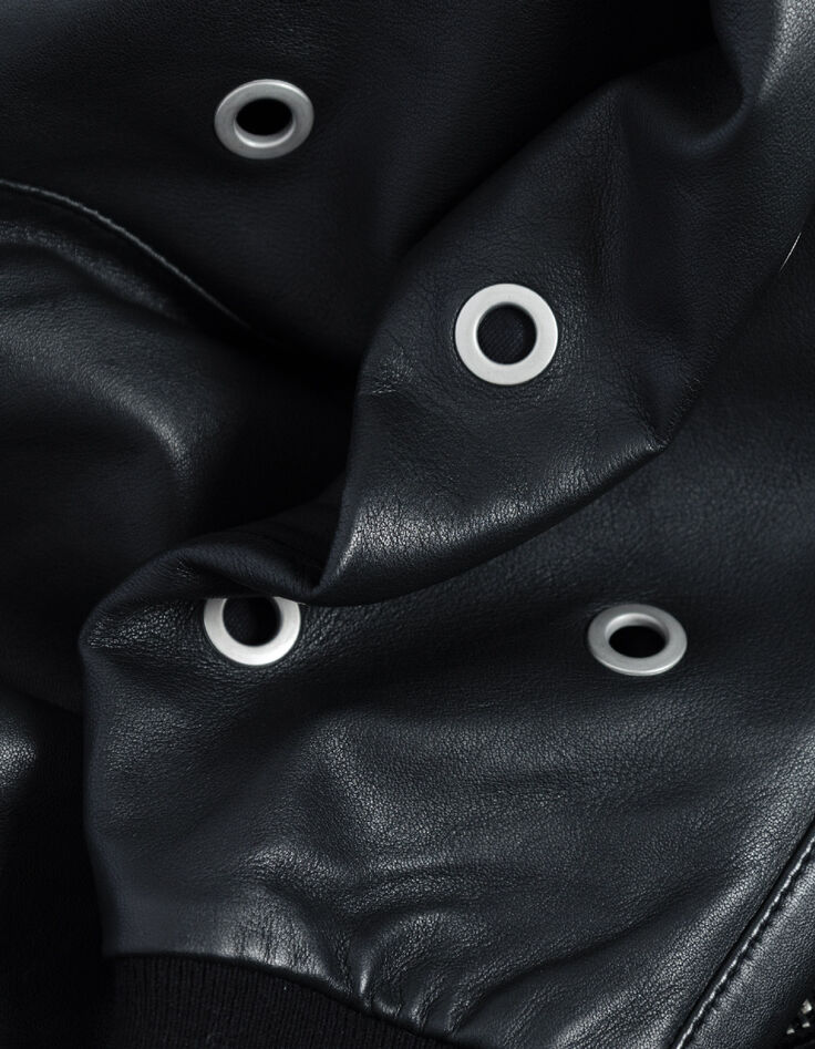 Bomber court noir cuir d&eacute;cor maxi oeillets Femme-9