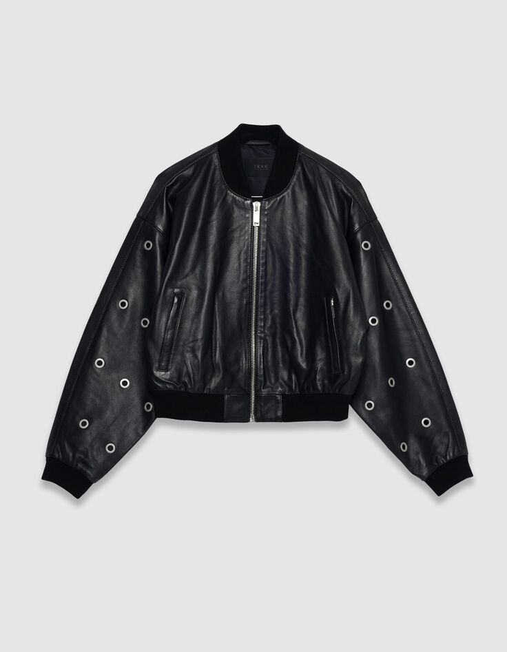 Zwart leren korte bomber Dames maxi eyelet design-5