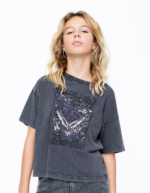 Graues Mädchen-T-Shirt mit Rocker-Motiv und Nieten
