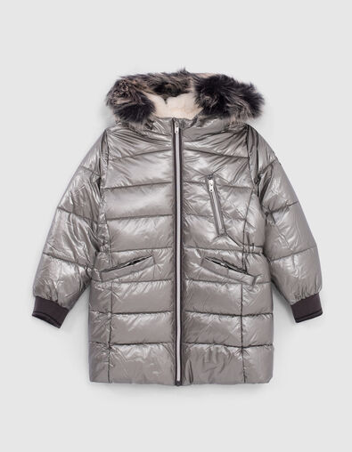 Girls’ dark silver fur-lined hooded long padded jacket - IKKS