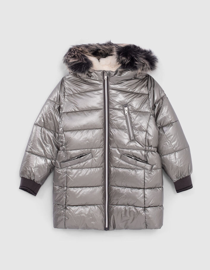 Lange Dark Silver Mädchensteppjacke mit Futter und Kapuze - IKKS