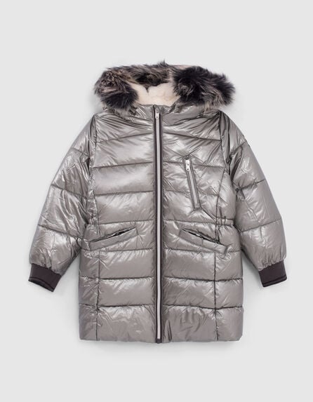Girls’ dark silver fur-lined hooded long padded jacket