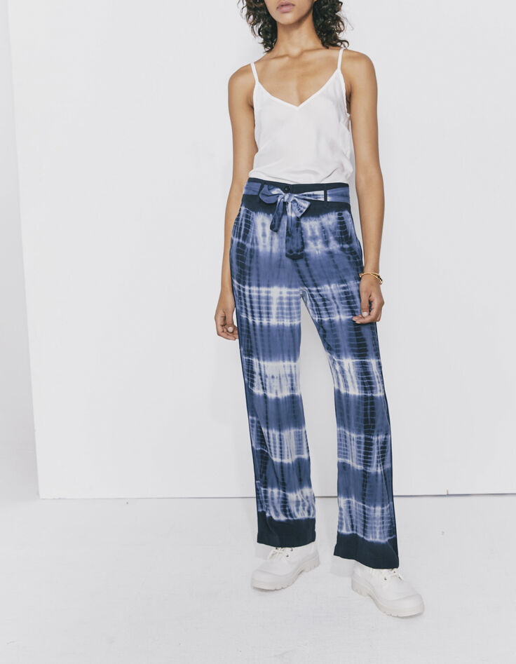 Pantalon en viscose finition tie & dye bleu et blanc femme-2
