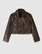 Blouson marron cuir forme trench court Femme-6