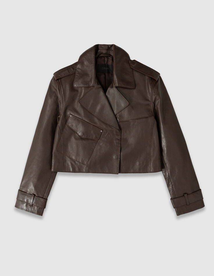 Blouson marron cuir forme trench court Femme-6