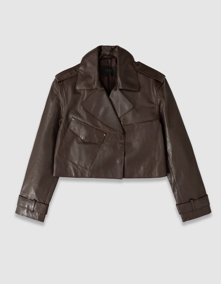 Blouson marron cuir forme trench court Femme-6 Blouson marron cuir forme trench court Femme-6