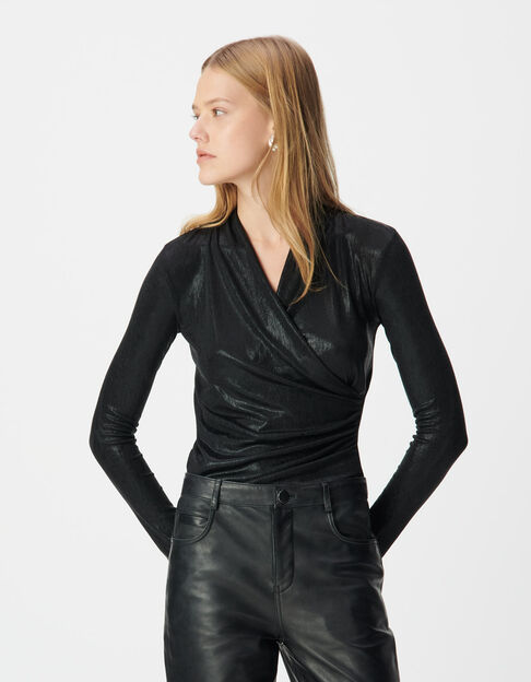 Women’s black lamé wrapover T-shirt - IKKS