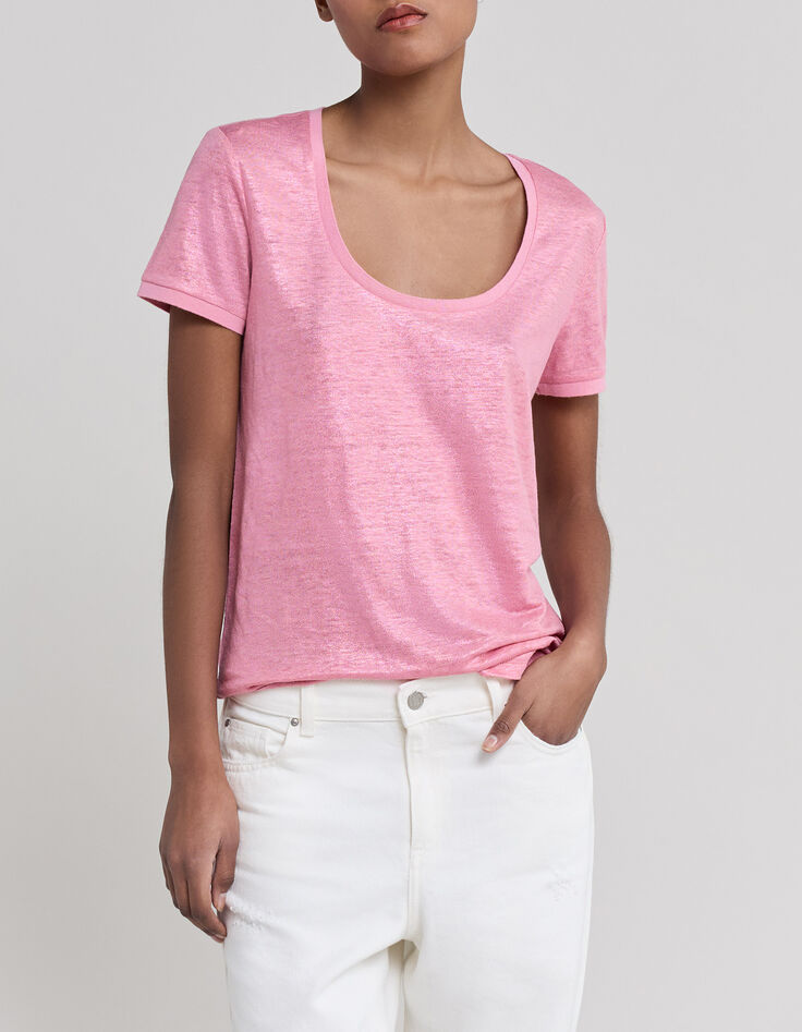 Tee-shirt soft rose maille lin paillet&eacute;e Femme-2