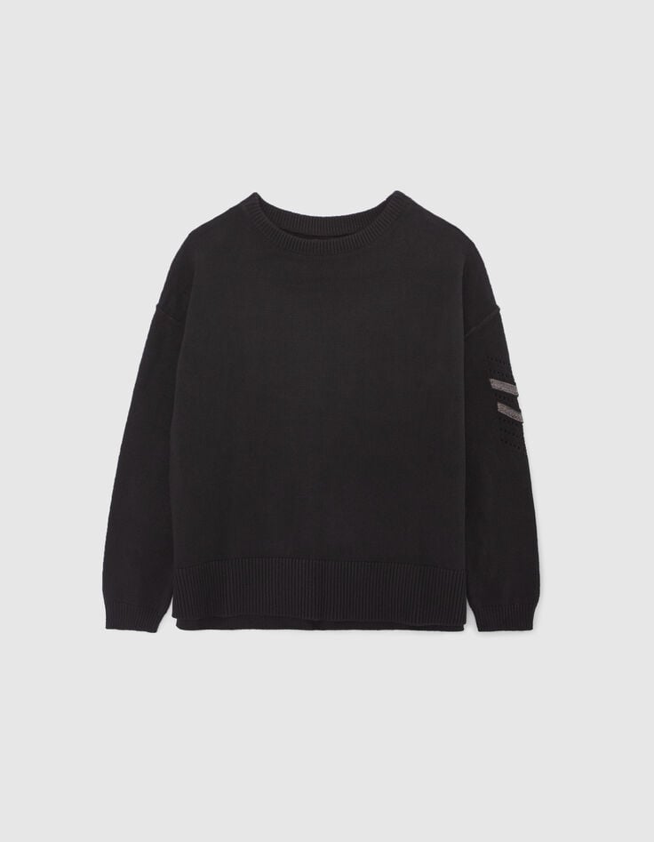 Pull noir tricot d&eacute;cor chevrons manche Femme-5