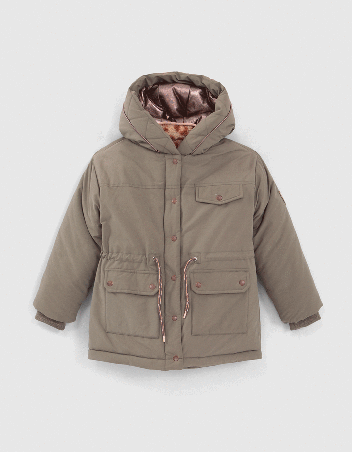 Girls 3 in 1 khaki furry parka and reversible jacket