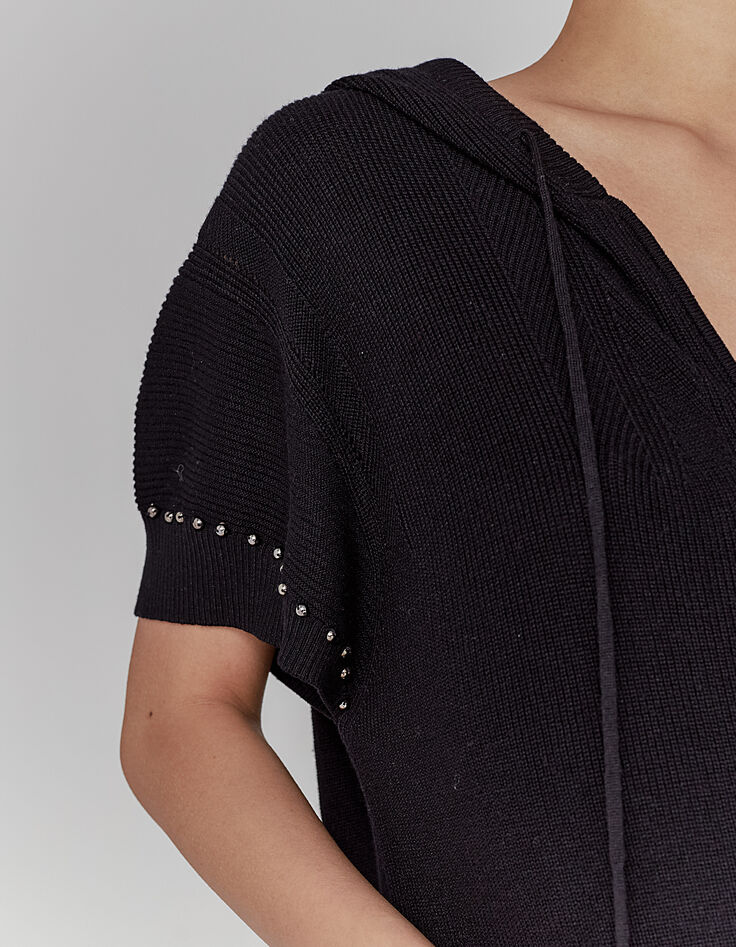 Women’s black beaded hooded short-sleeve cardigan-2
