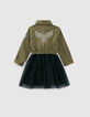 Girls&rsquo; dark khaki mixed-fabric dress with black tulle-5