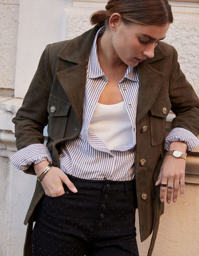 Veste saharienne kaki en cuir velours ceinturée Femme - IKKS