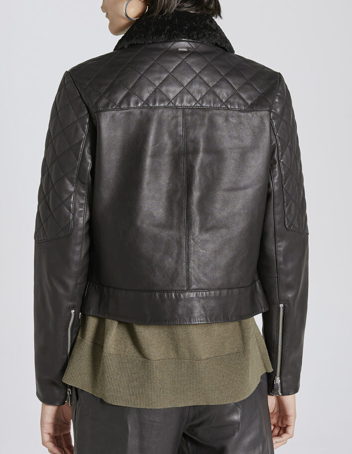 Women’s black quilted leather jacket with sheepskin collar - IKKS