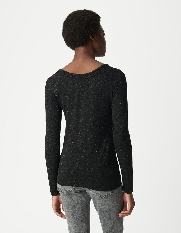 Tee-shirt noir paillet&eacute; encolure tress&eacute;e Femme-4