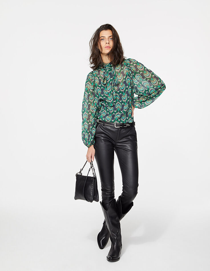 Blouse col montant lavalière voile imprimé peacock femme-7