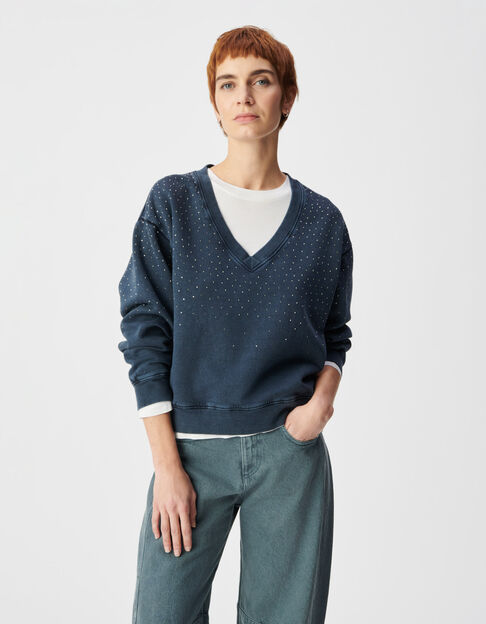Damen Pullover mit V-Ausschnitt aus Bio-Baumwolle und Strasssteinen in navy - IKKS