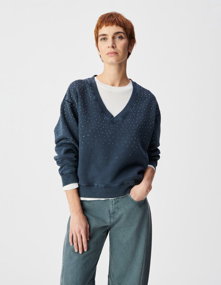 Mujer de algod&oacute;n org&aacute;nico azul marino de diamantes de imitaci&oacute;n su&eacute;ter con cuello en V-2