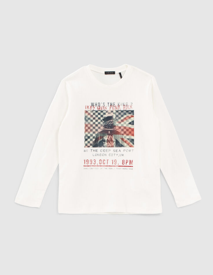 Wei&szlig;es Jungenshirt mit linsenf&ouml;rmiger Flagge -1