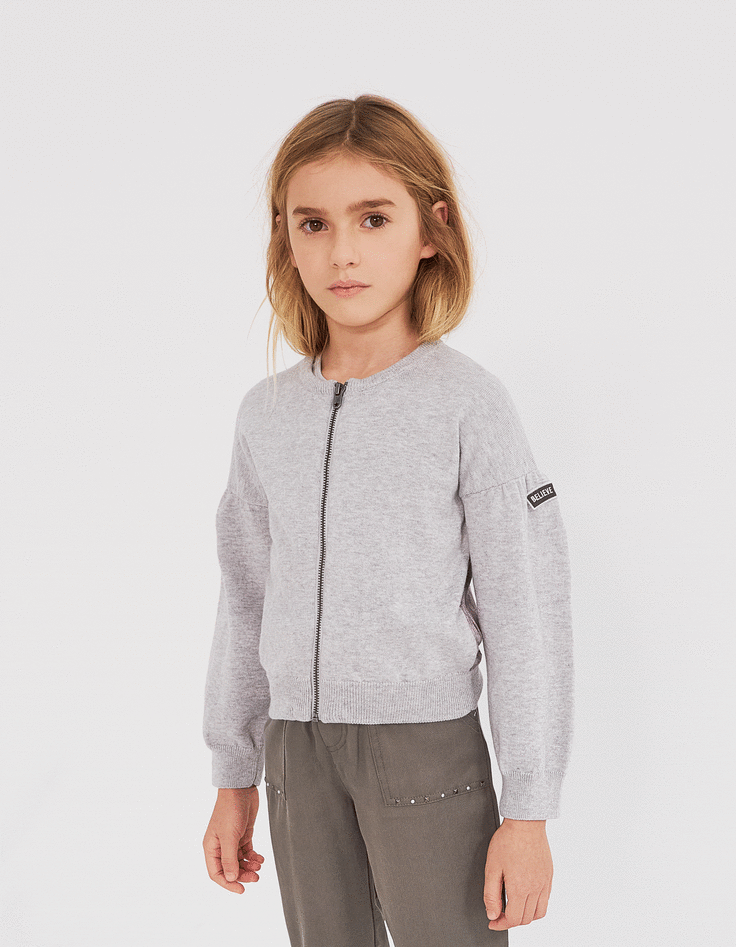 Cardigan gris chiné moyen bi matière zippé fille-6