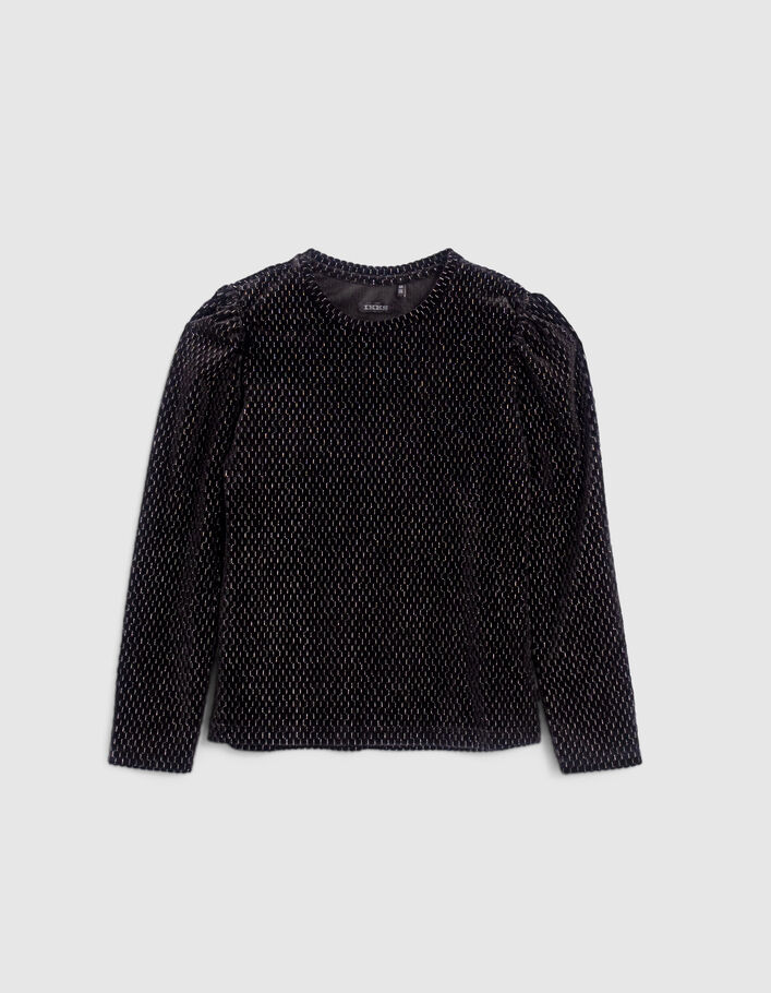Girls’ black texture, lurex, jacquard velvet knit T-shirt-1