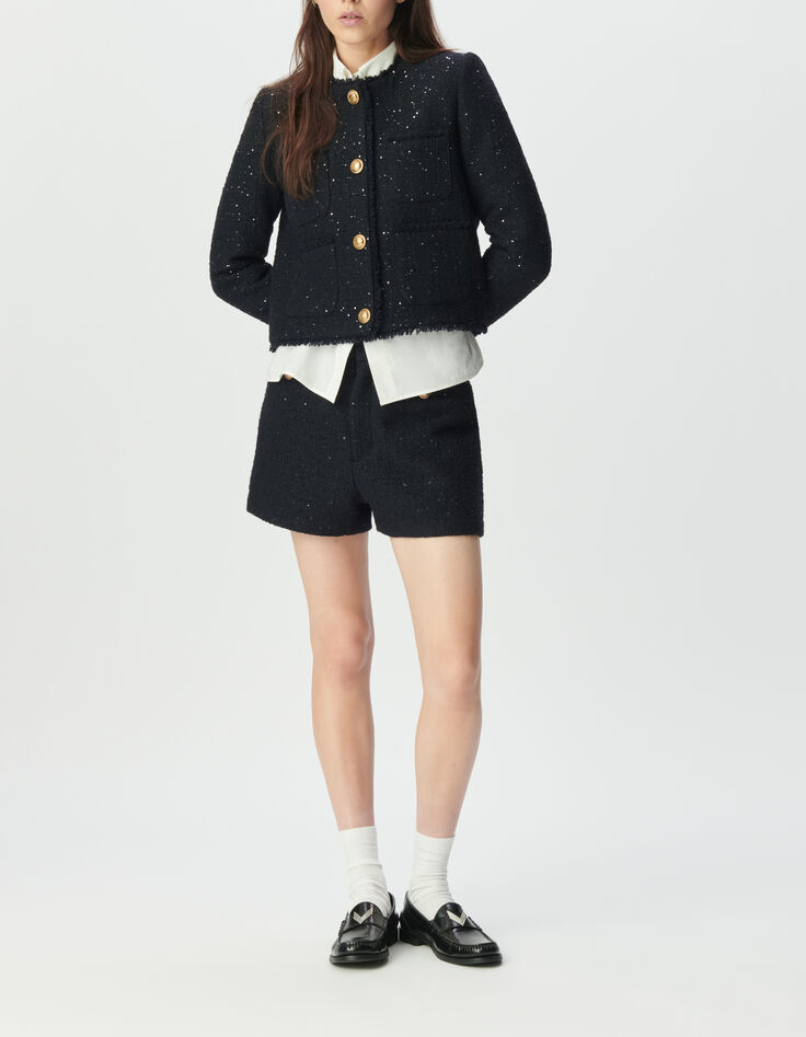 Marineblaue kurze Damenjacke Tweed-Effekt Paillettenstick-1